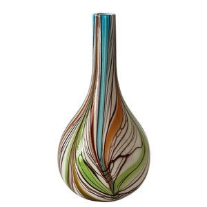 Murano Art Glass Vase Multicolor Bulbous Psychedelic Fluid Feather Striped Decor
